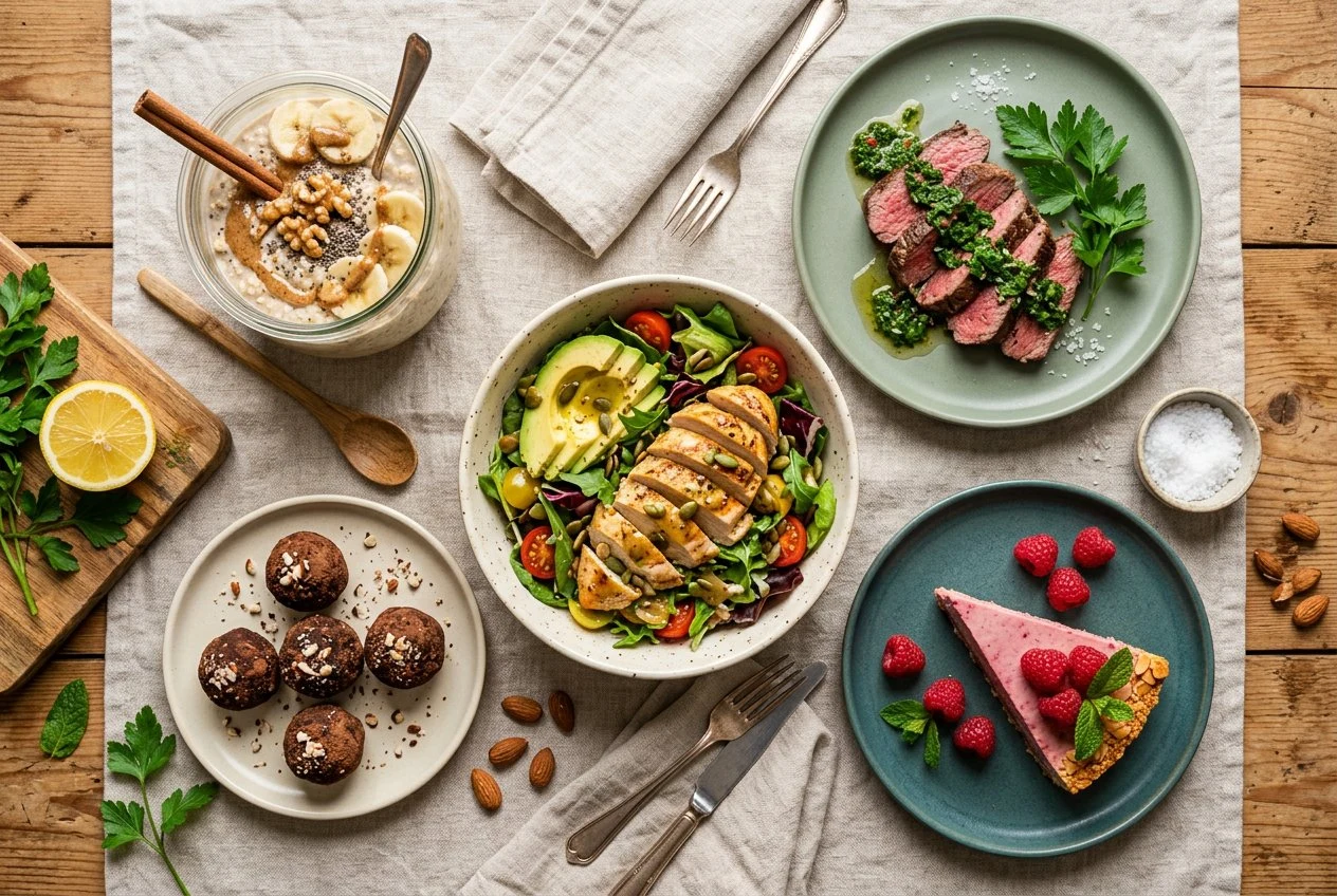 5-day low sugar meal plan — overnight oats, chimichurri beef, chicken salad, chocolate bites and raspberry cheesecake