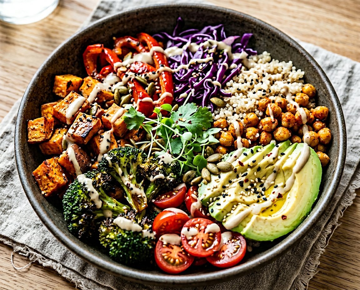 Sprouted grain buddha bowl — homemade tahini dressing no sugar added