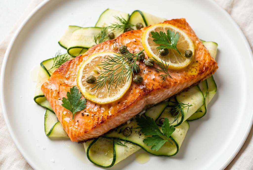lemon salmon zucchini noodles sugar swap — no added sugar marinade, zucchini ribbons with lemon caper butter sauce