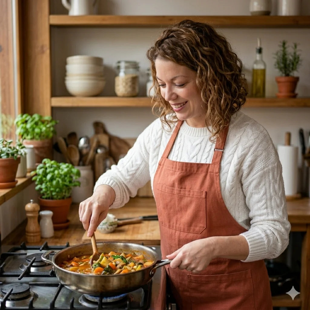 Mel cooking in her Barcelona kitchen — founder of The Sugar Swap