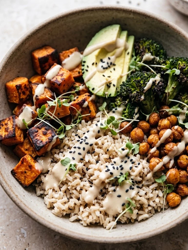 Brown rice roasted veg bowl sugar swap — brown rice with roasted vegetables, crispy chickpeas, avocado and monk fruit tahini dressing