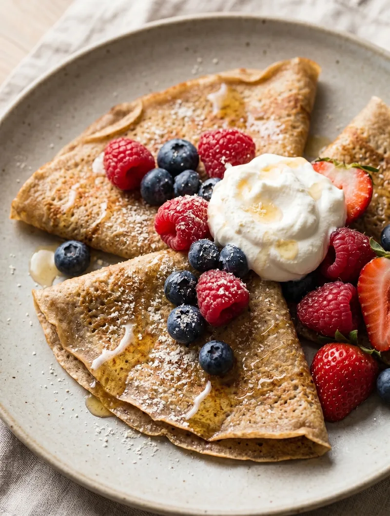 buckwheat crepes with berry compote sugar swap — buckwheat crepes with fresh berries, less sugar recipe