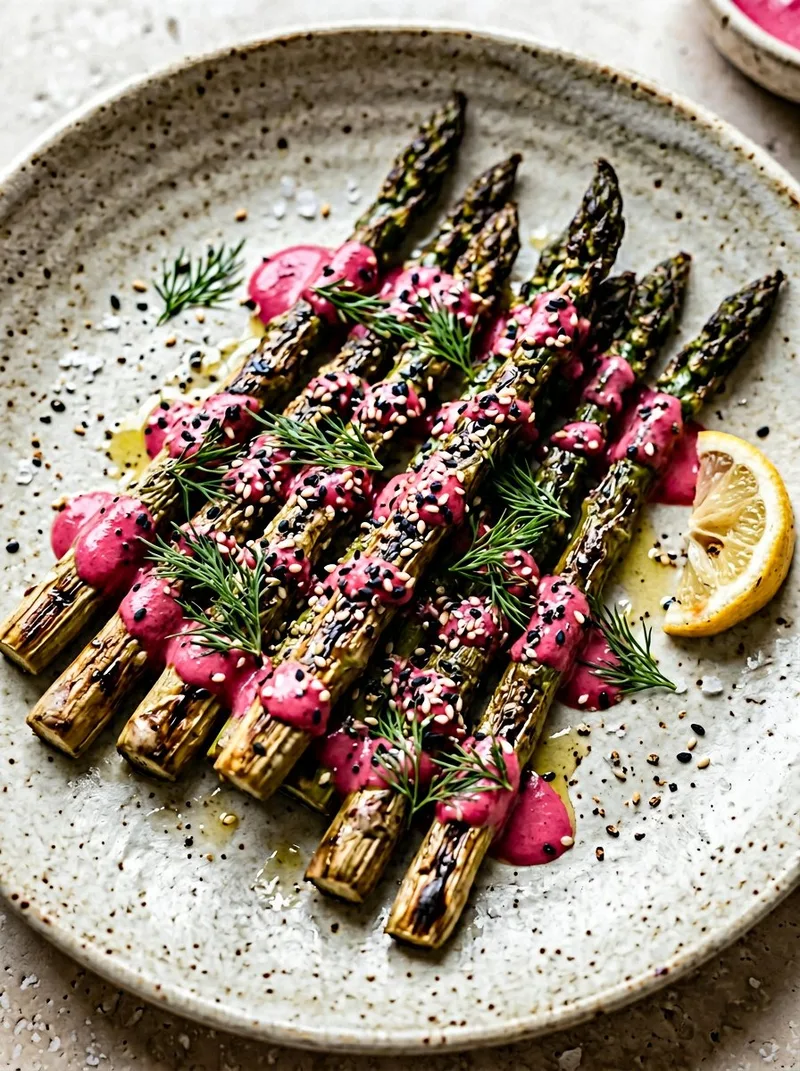 Charred asparagus with beetroot yogurt sugar swap — smoky asparagus no balsamic glaze with vibrant pink dip