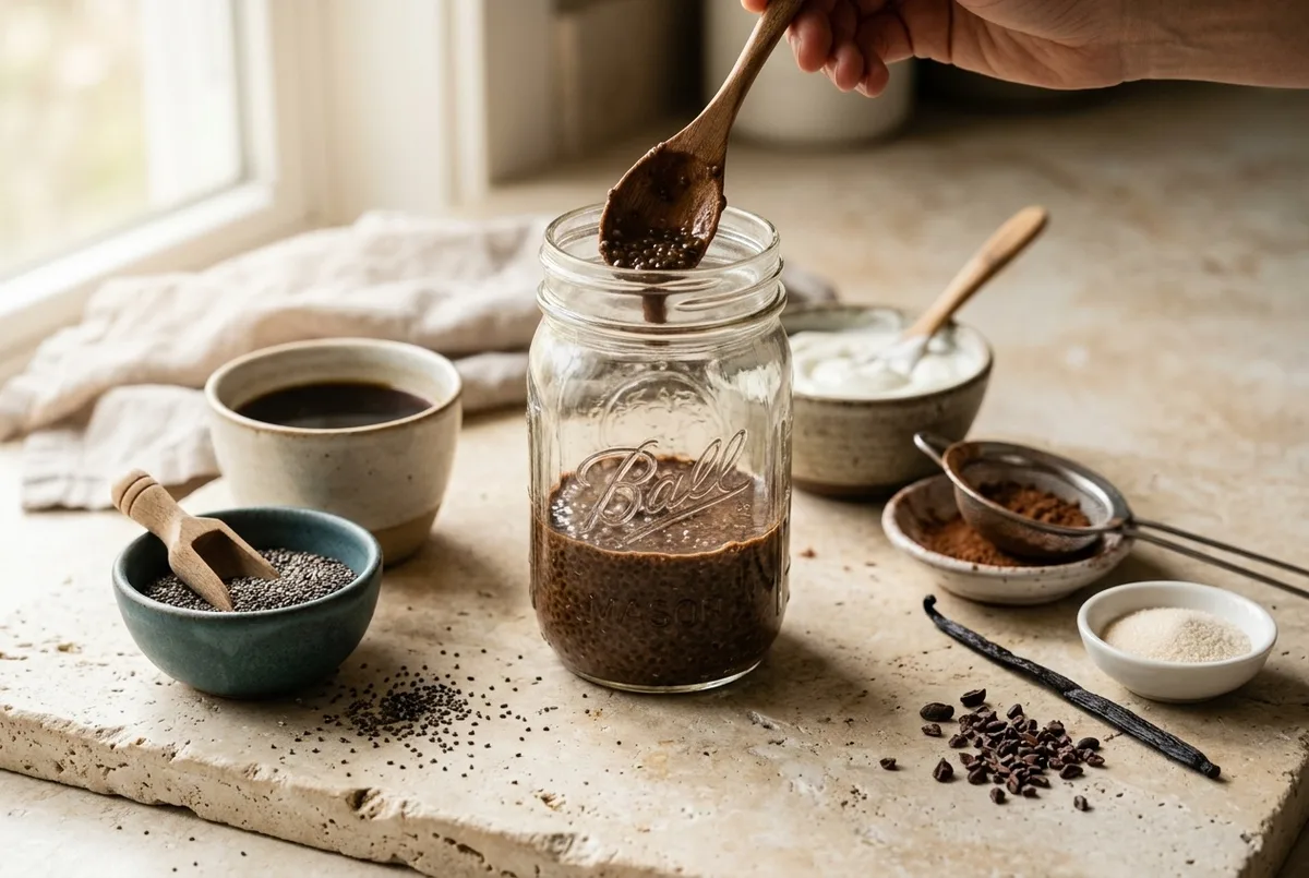 layering low sugar chia tiramisu — chia pudding, coffee, Greek yogurt and cocoa powder in a mason jar