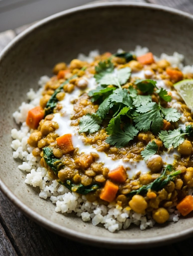 Lentil and chickpea curry sugar swap — red lentil coconut curry with chickpeas, spinach, fresh coriander and lime