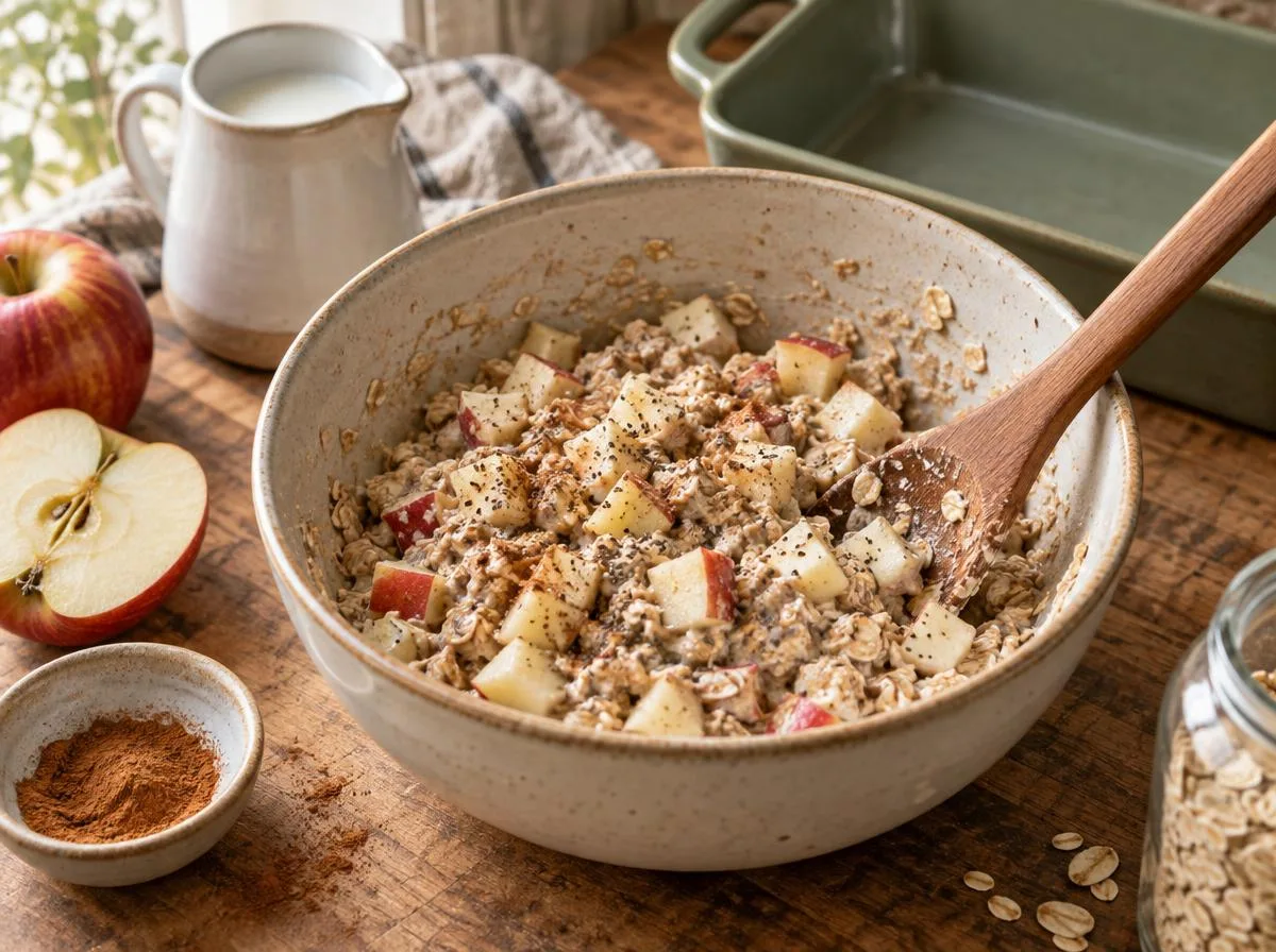 apple cinnamon oat mixture being folded in bowl before baking — low sugar monk fruit baked oats process by Mel