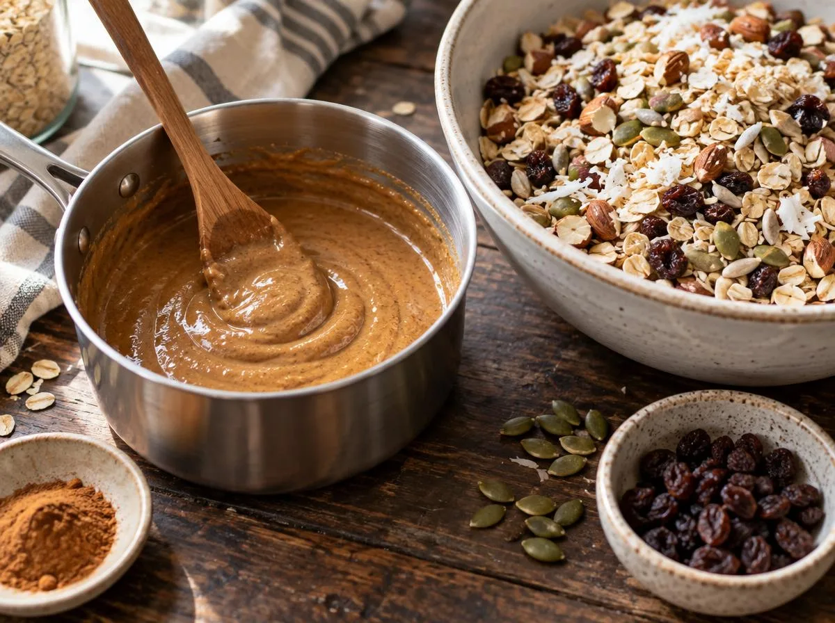 almond butter and allulose melted in saucepan beside oat and seed mixture — chewy granola bar process by Mel