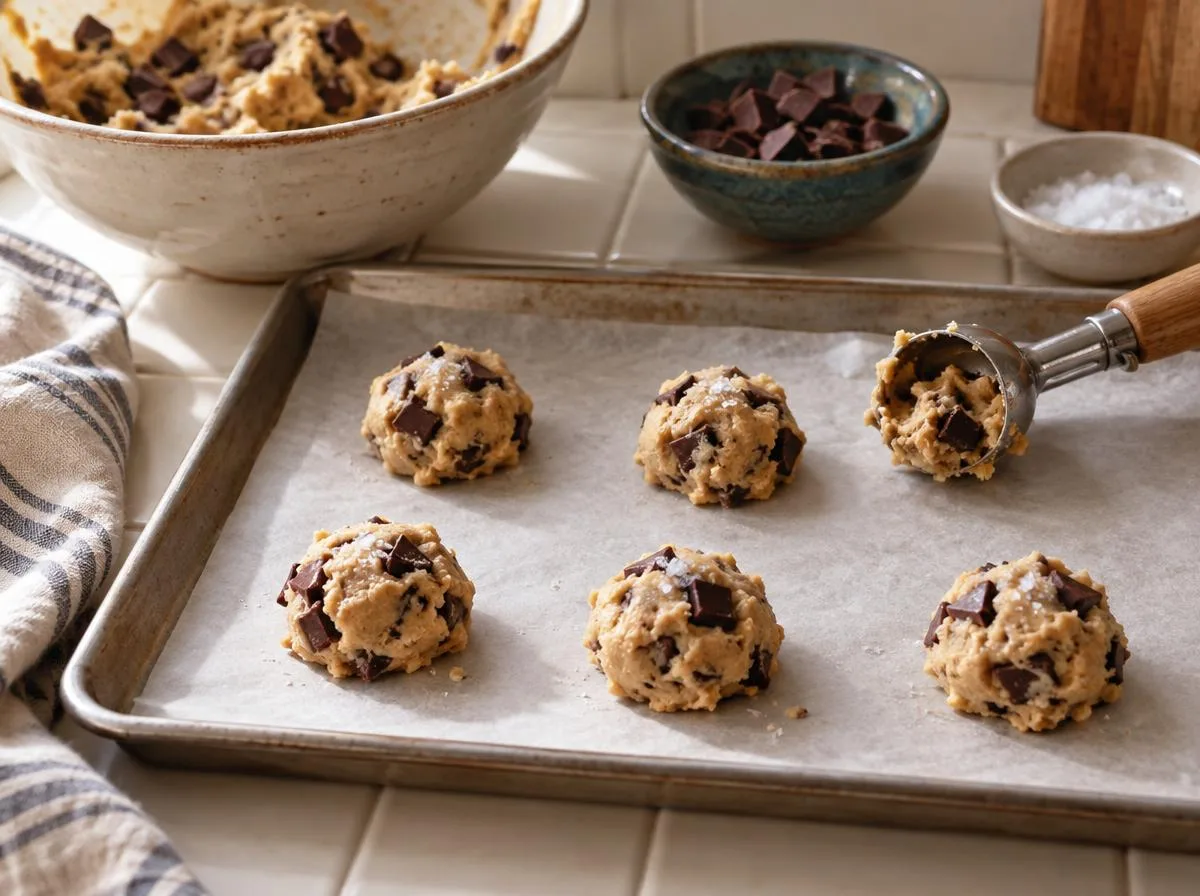 chocolate chip cookie dough balls on lined baking tray before baking — low sugar allulose cookies process by Mel