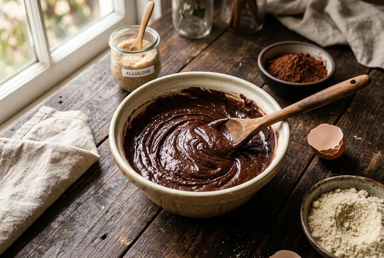 mixing allulose chocolate pound cake batter in a bowl — The Sugar Swap process photo