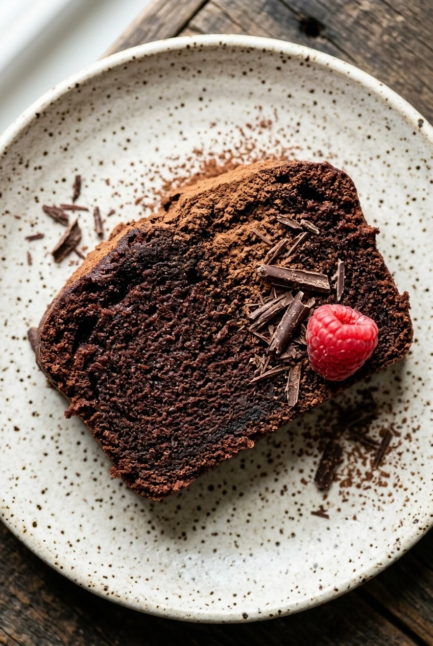 low sugar chocolate pound cake slice with raspberry and chocolate shavings — sugar swap recipe by Mel