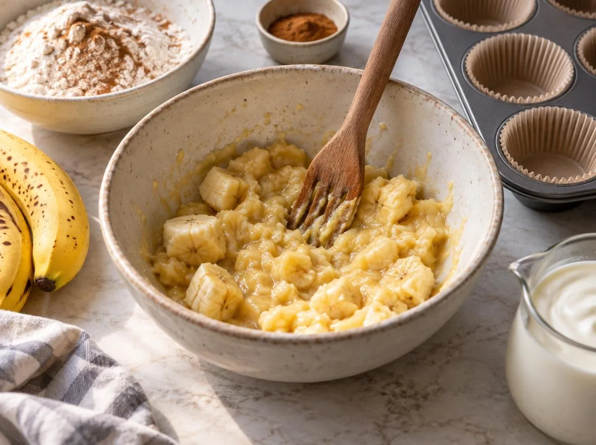 ripe bananas being mashed in bowl with muffin tin and flour ready — low sugar banana muffin process by Mel
