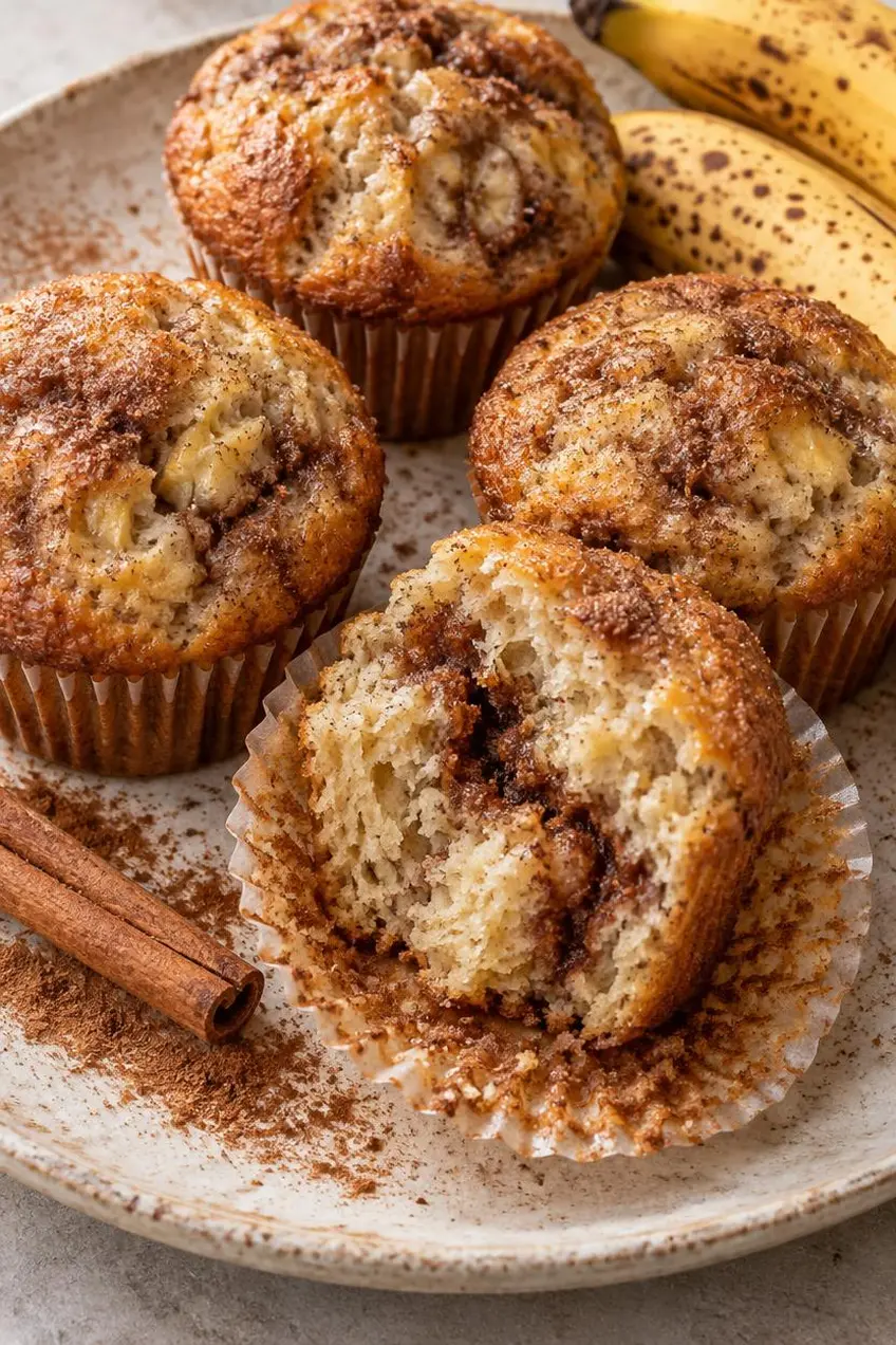low sugar cinnamon banana breakfast muffins with monk fruit — fluffy crumb spotty banana no added sugar by Mel