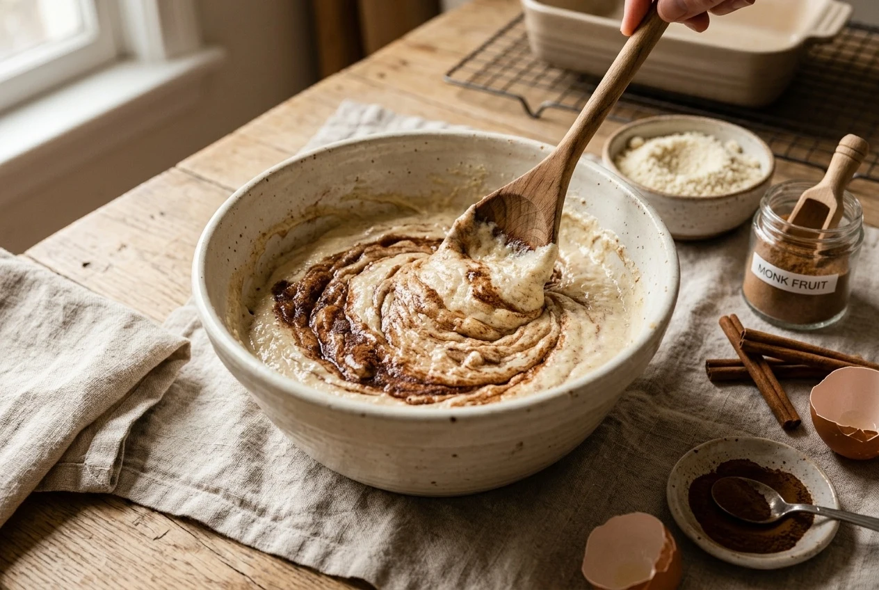 mixing low sugar cinnamon roll dough with monk fruit sweetener — The Sugar Swap process photo