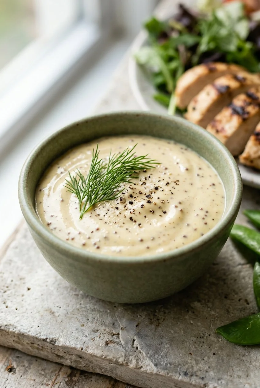 low sugar honey mustard sauce in a green ceramic bowl with dill — sugar swap recipe by Mel