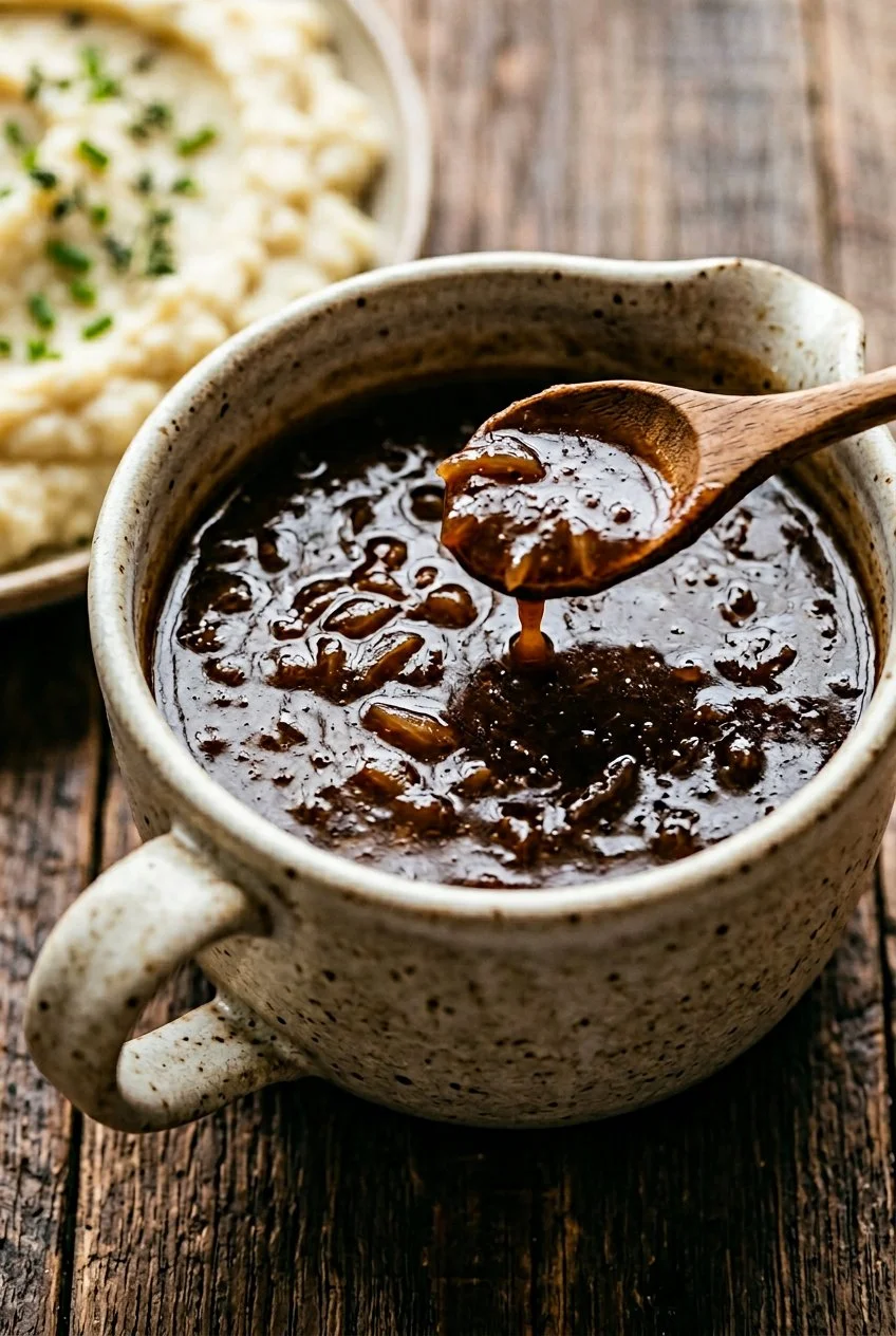 low sugar onion gravy in a ceramic mug with wooden spoon and mashed potato — sugar swap recipe by Mel