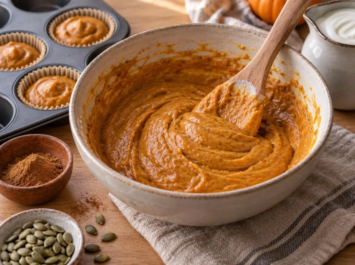 pumpkin spice muffin batter in bowl with muffin tin ready — low sugar monk fruit bake process by Mel
