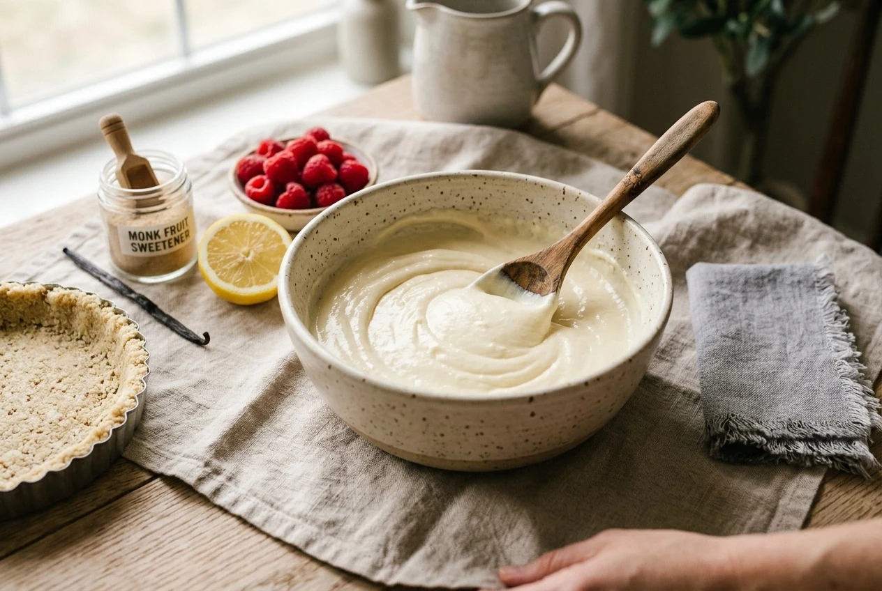 mixing low sugar cheesecake filling with monk fruit sweetener, vanilla, and cream cheese — The Sugar Swap process photo