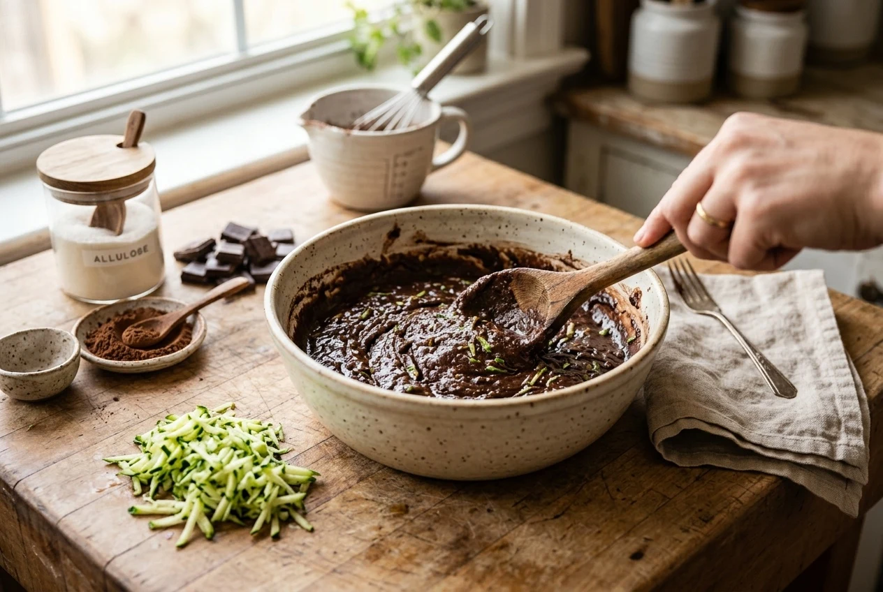 mixing zucchini brownie batter with allulose and dark chocolate — The Sugar Swap process photo
