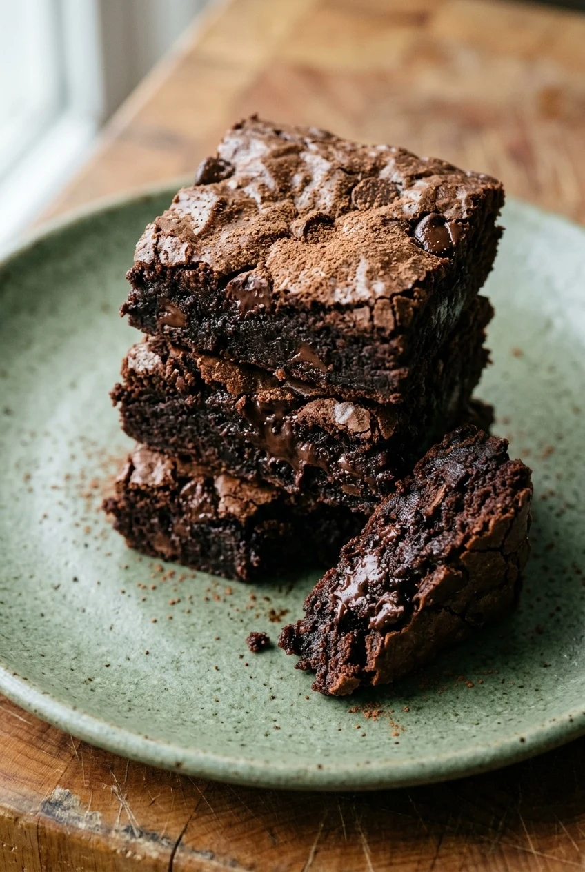 low sugar zucchini brownies stacked on a green ceramic plate — sugar swap recipe by Mel