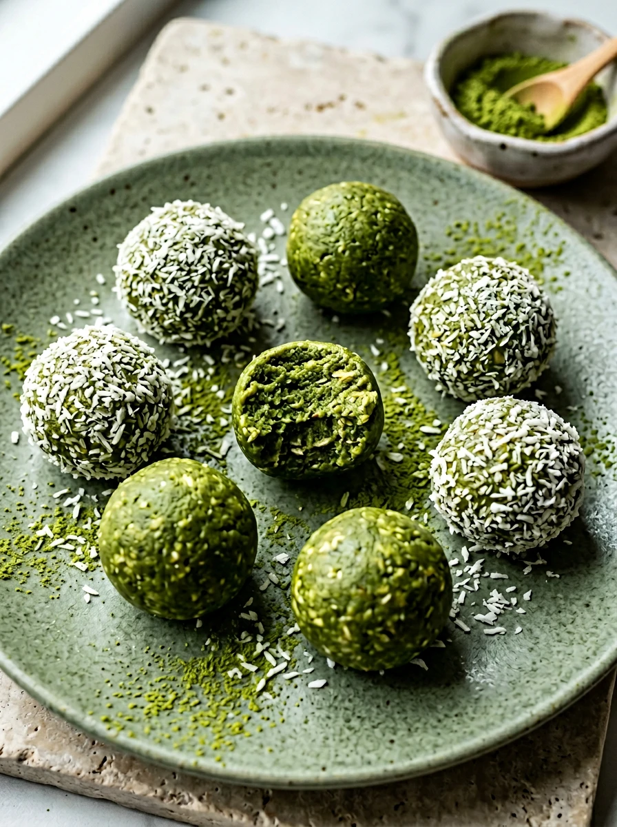 Matcha coconut bites sugar swap — no-bake green matcha energy balls rolled in shredded coconut