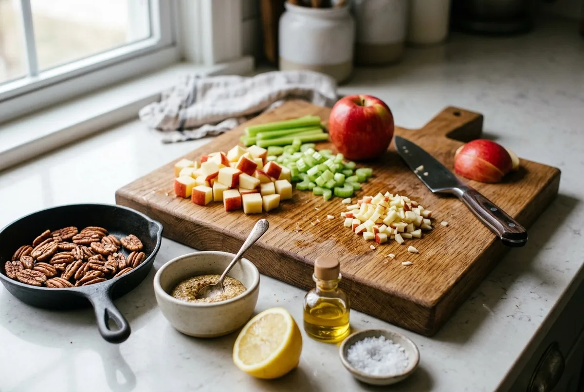 preparing apple celery pecan salad with lemon dijon dressing — no added sugar — The Sugar Swap process photo