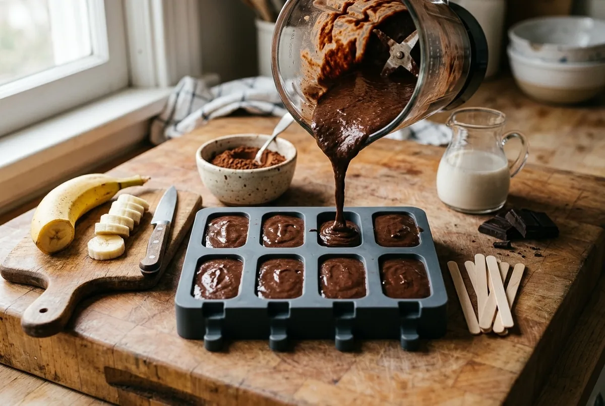 blending ripe banana with unsweetened cocoa for no added sugar banana chocolate popsicles — The Sugar Swap process photo