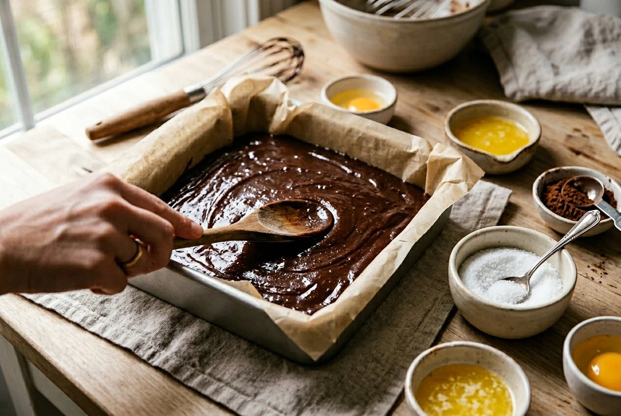 spreading no-sugar-added brownie batter into tin — The Sugar Swap process photo