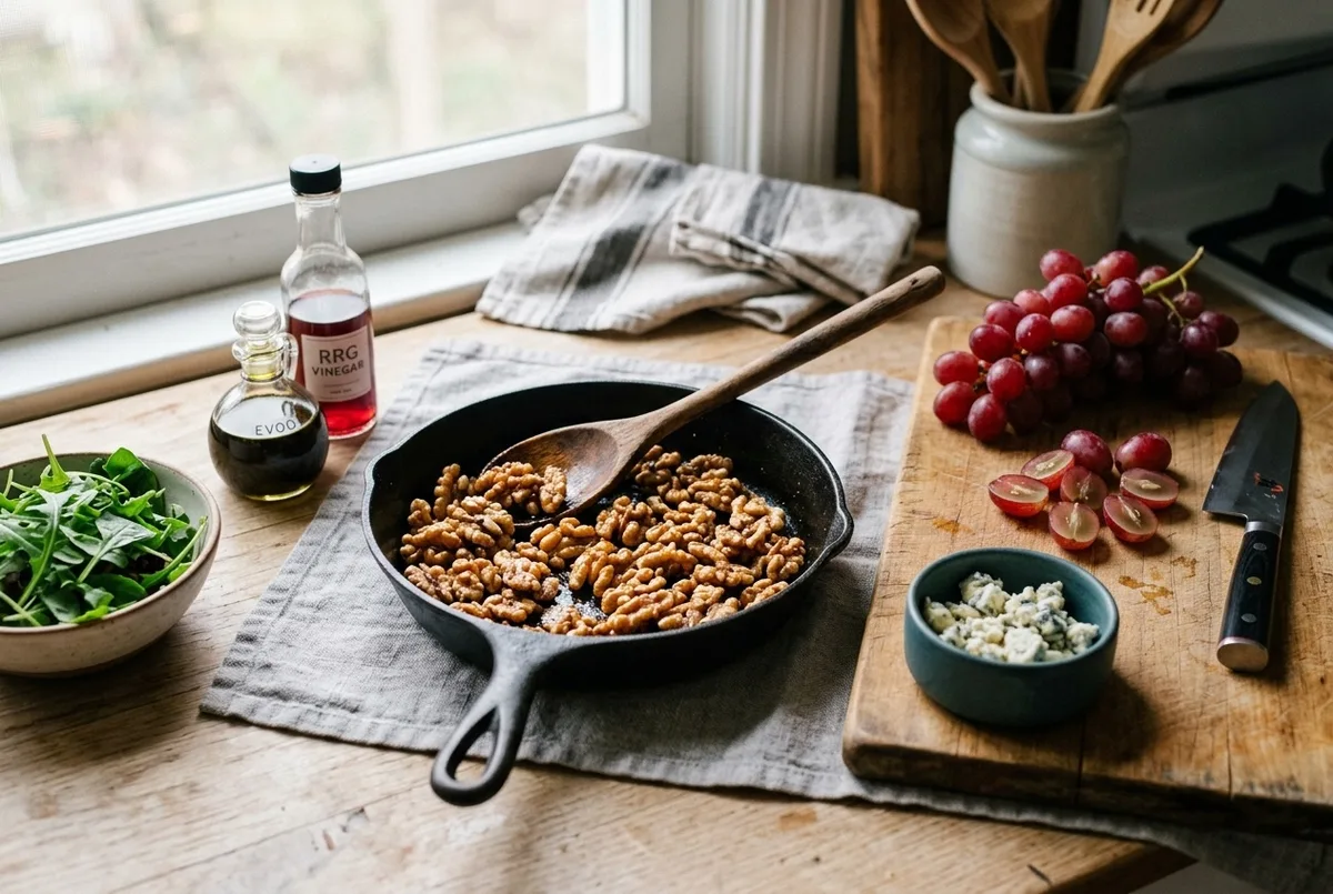 toasting walnuts and preparing grape gorgonzola salad with red wine vinaigrette — no added sugar — The Sugar Swap process photo