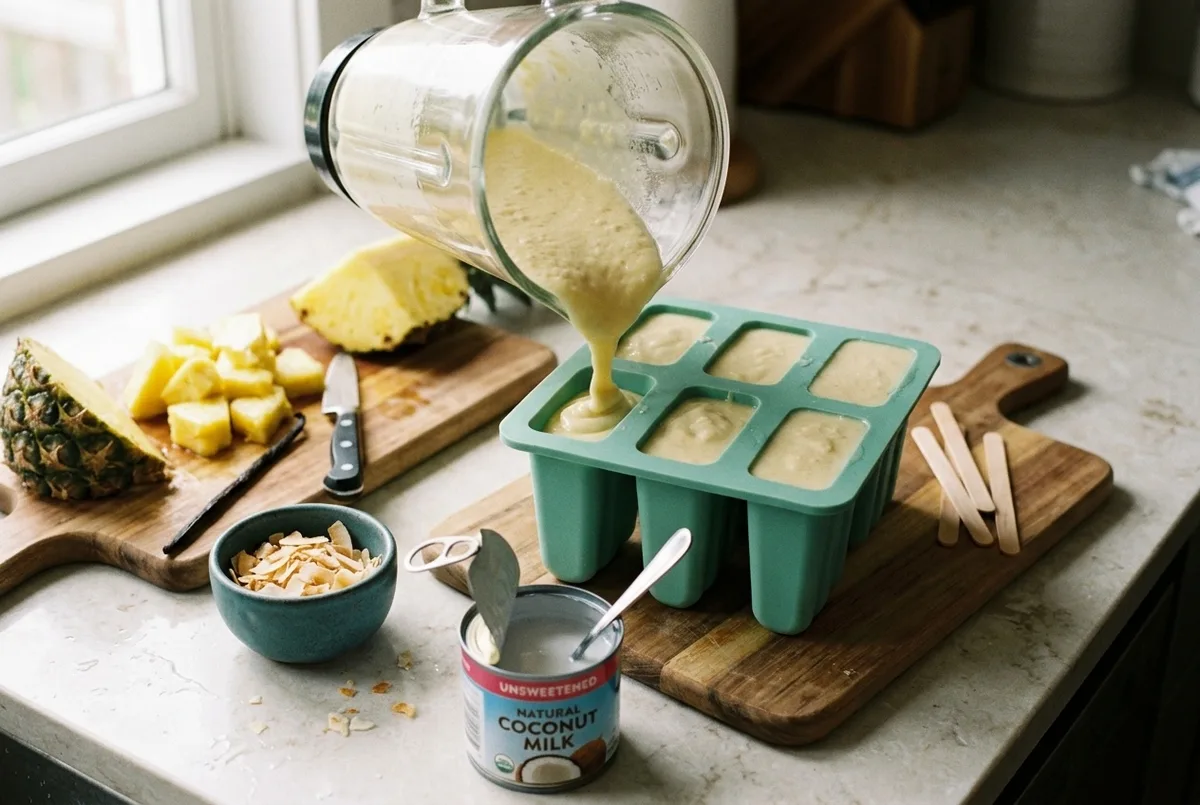 blending fresh mango with unsweetened coconut milk for no added sugar tropical popsicles — The Sugar Swap process photo