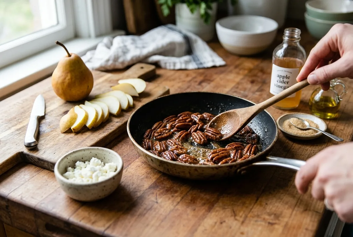 making monk fruit candied pecans for pear goat cheese salad — no added sugar — The Sugar Swap process photo