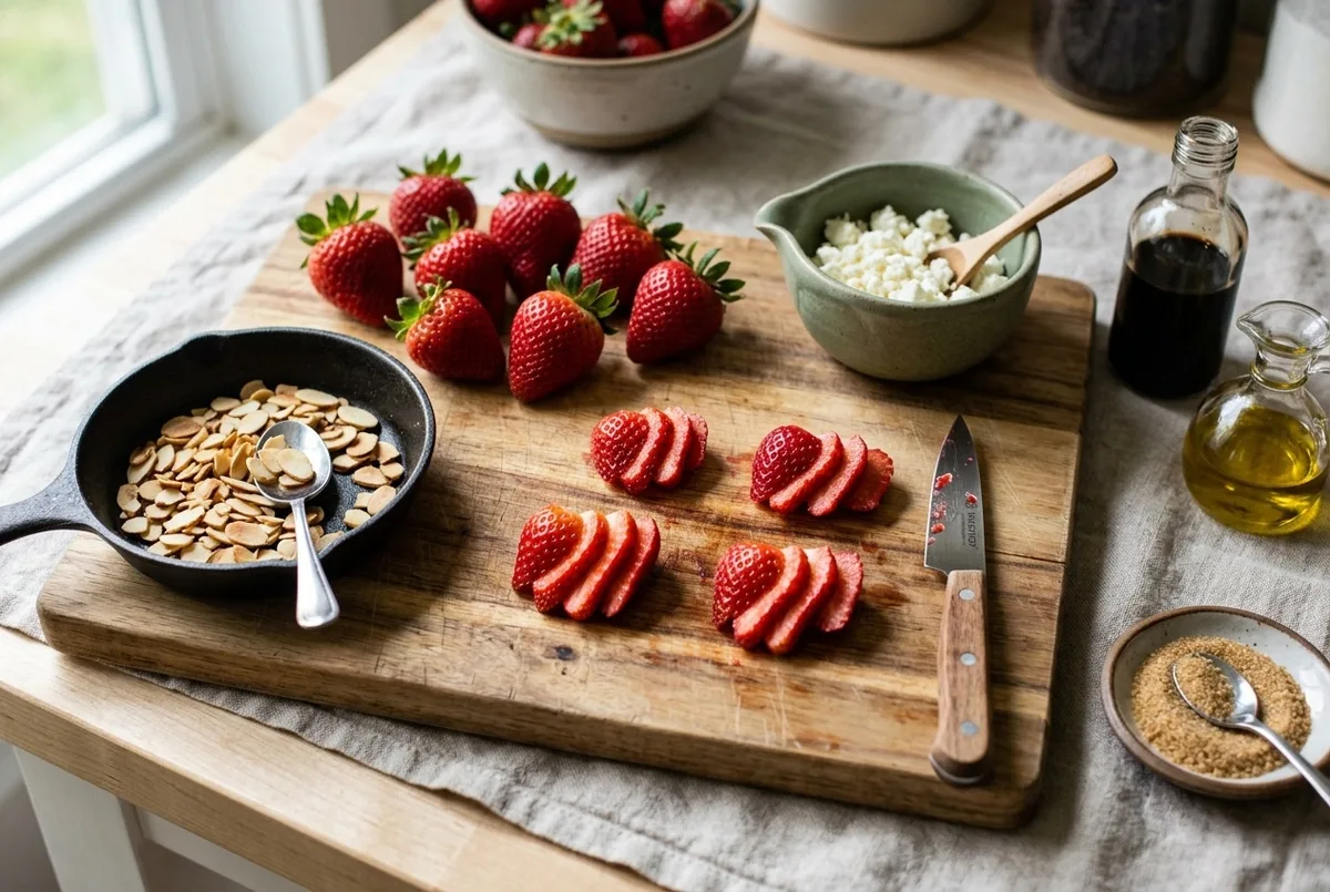 preparing strawberry spinach feta salad with homemade balsamic vinaigrette and toasted almonds — no added sugar — The Sugar Swap process photo