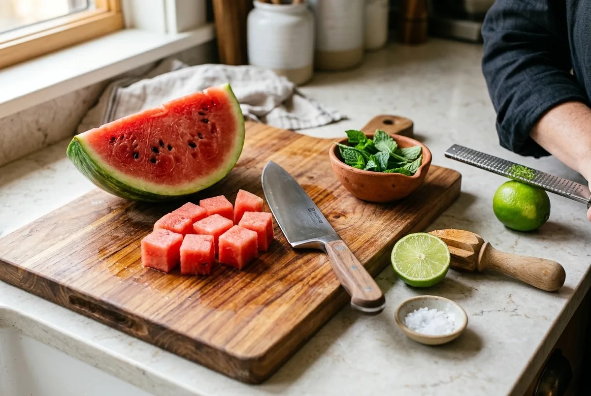 preparing watermelon mint lime salad — cubing watermelon, zesting lime, tearing fresh mint leaves — no added sugar — The Sugar Swap process photo