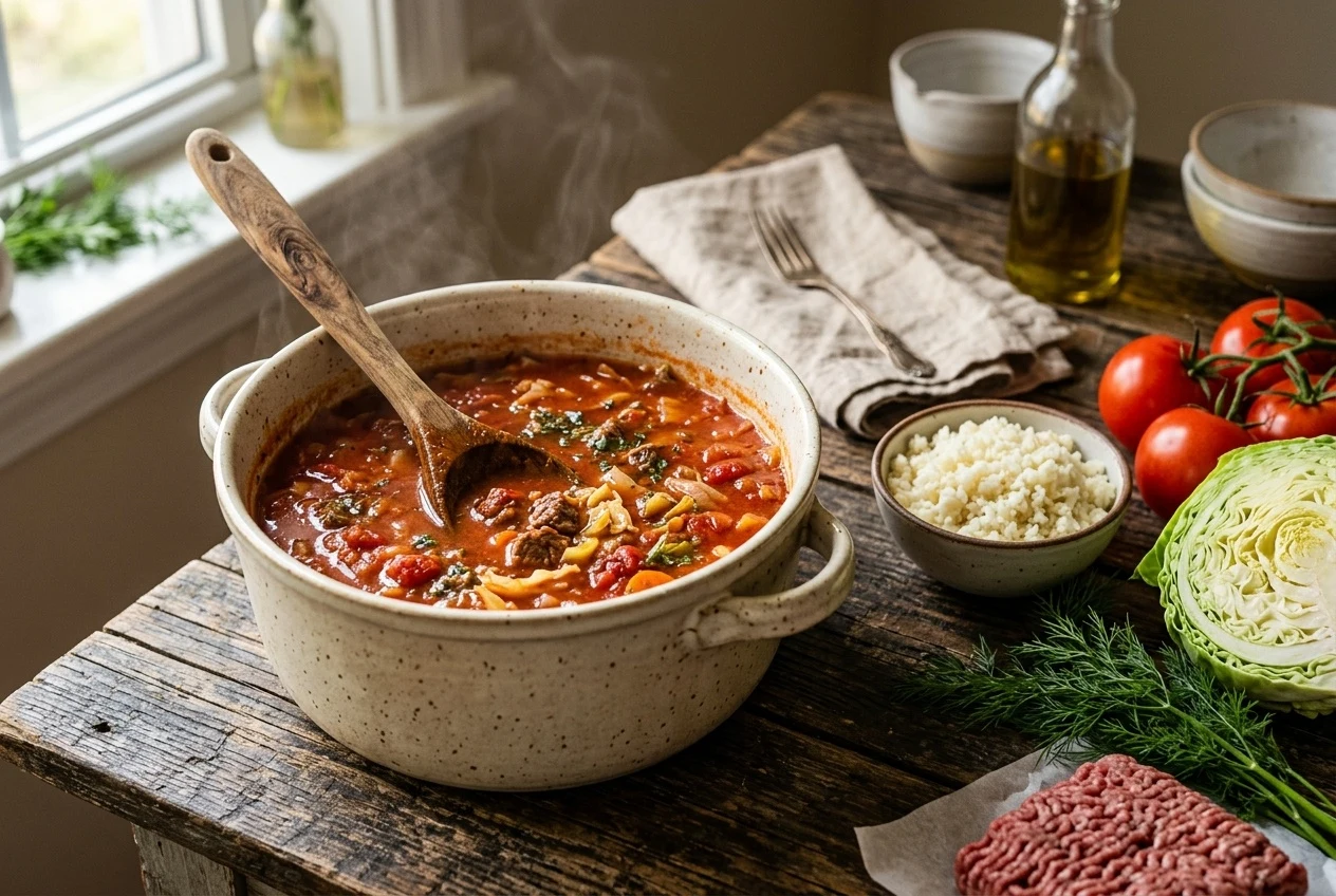 simmering cabbage roll soup with fresh tomatoes and cauliflower rice — The Sugar Swap process photo
