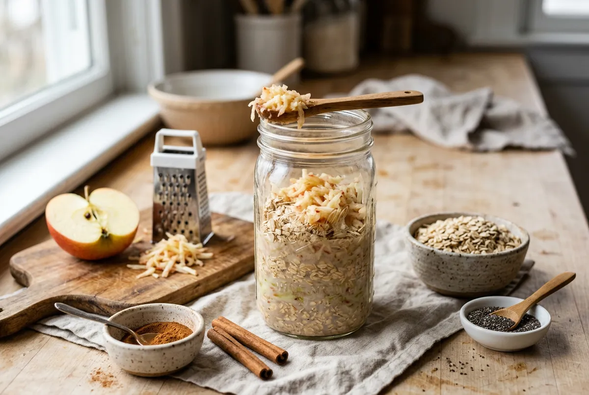 preparing low sugar apple cinnamon overnight oats with fresh grated apple — The Sugar Swap process photo