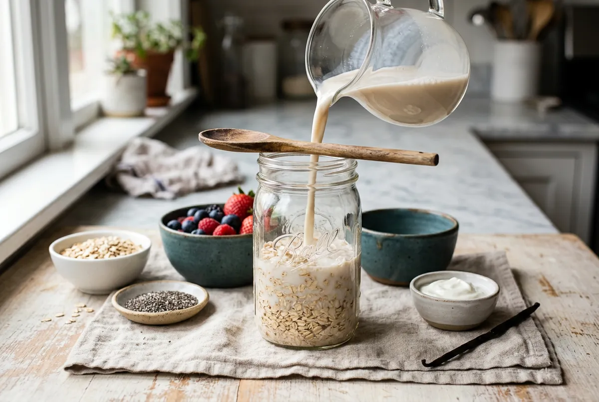 preparing low sugar berry blast overnight oats with fresh berries and chia seeds — The Sugar Swap process photo