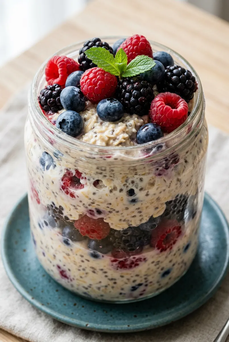 low sugar berry blast overnight oats with fresh mixed berries — no added sugar recipe by Mel