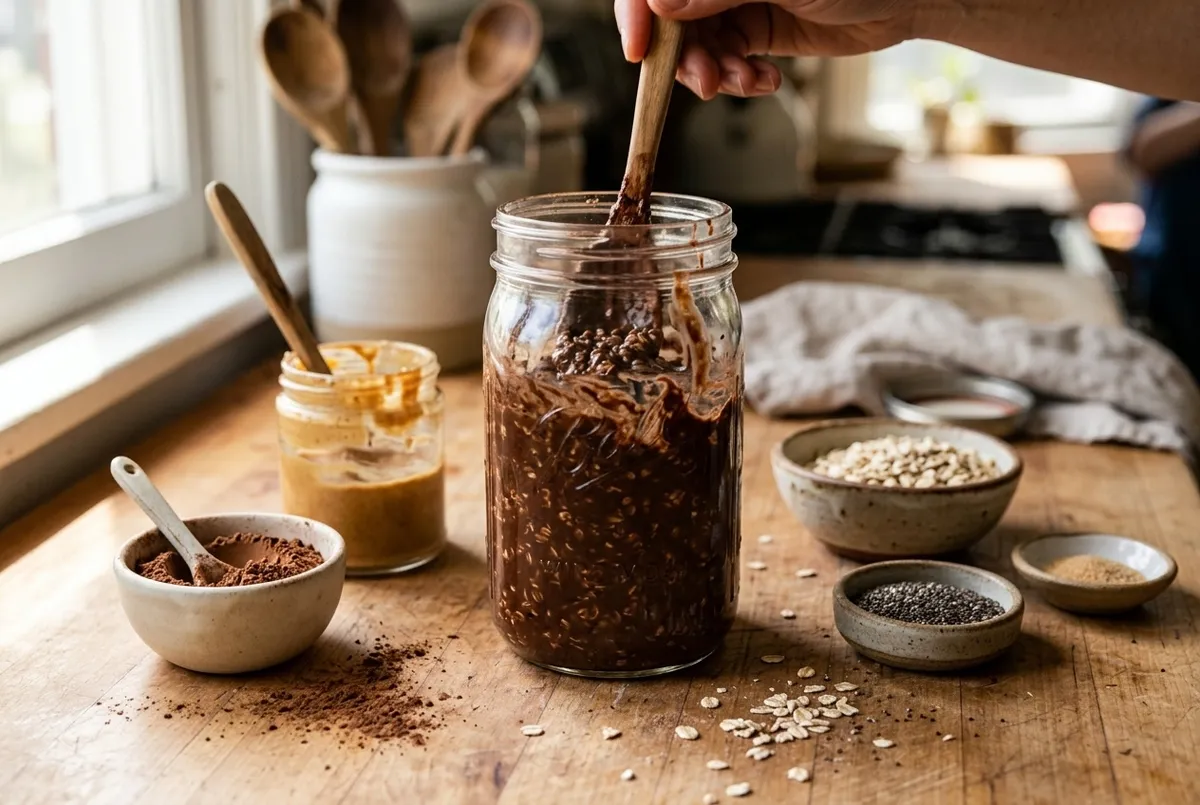 preparing low sugar chocolate peanut butter overnight oats with cocoa powder and natural peanut butter — The Sugar Swap process photo