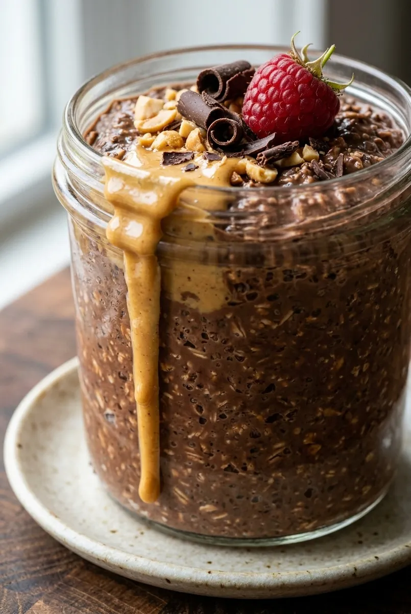 low sugar chocolate peanut butter overnight oats with cocoa and natural peanut butter — no added sugar recipe by Mel