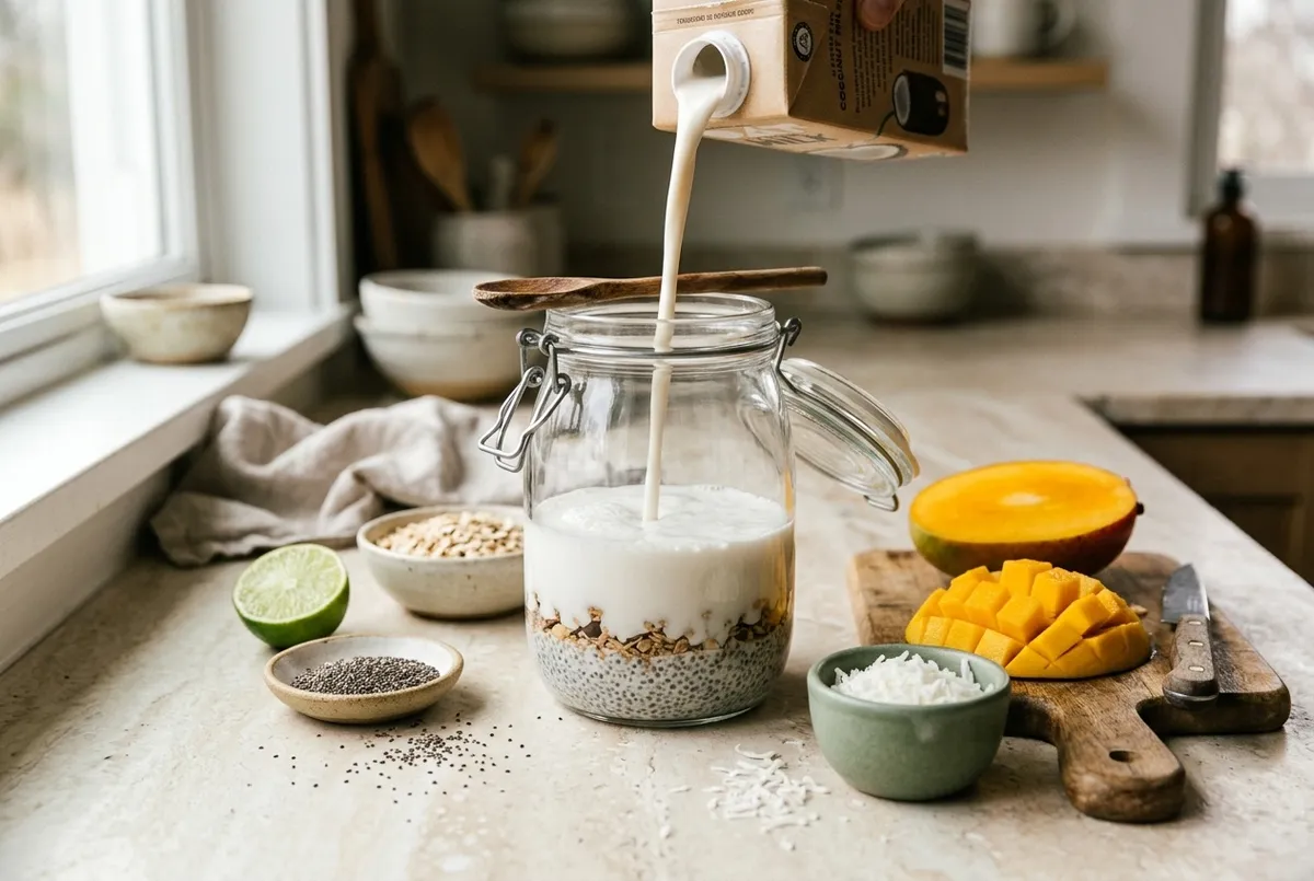 preparing low sugar tropical mango coconut overnight oats with fresh diced mango and coconut milk — The Sugar Swap process photo
