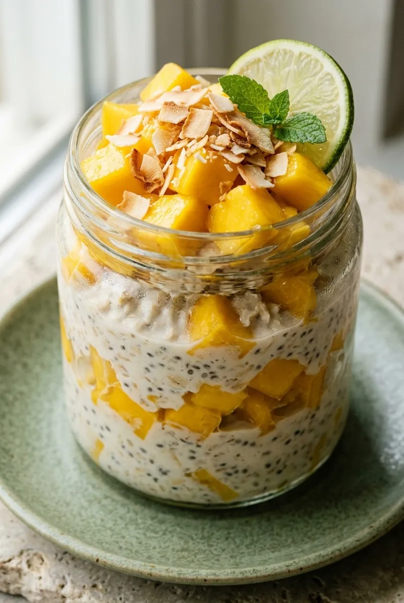 low sugar tropical mango coconut overnight oats with fresh mango and shredded coconut — no added sugar recipe by Mel
