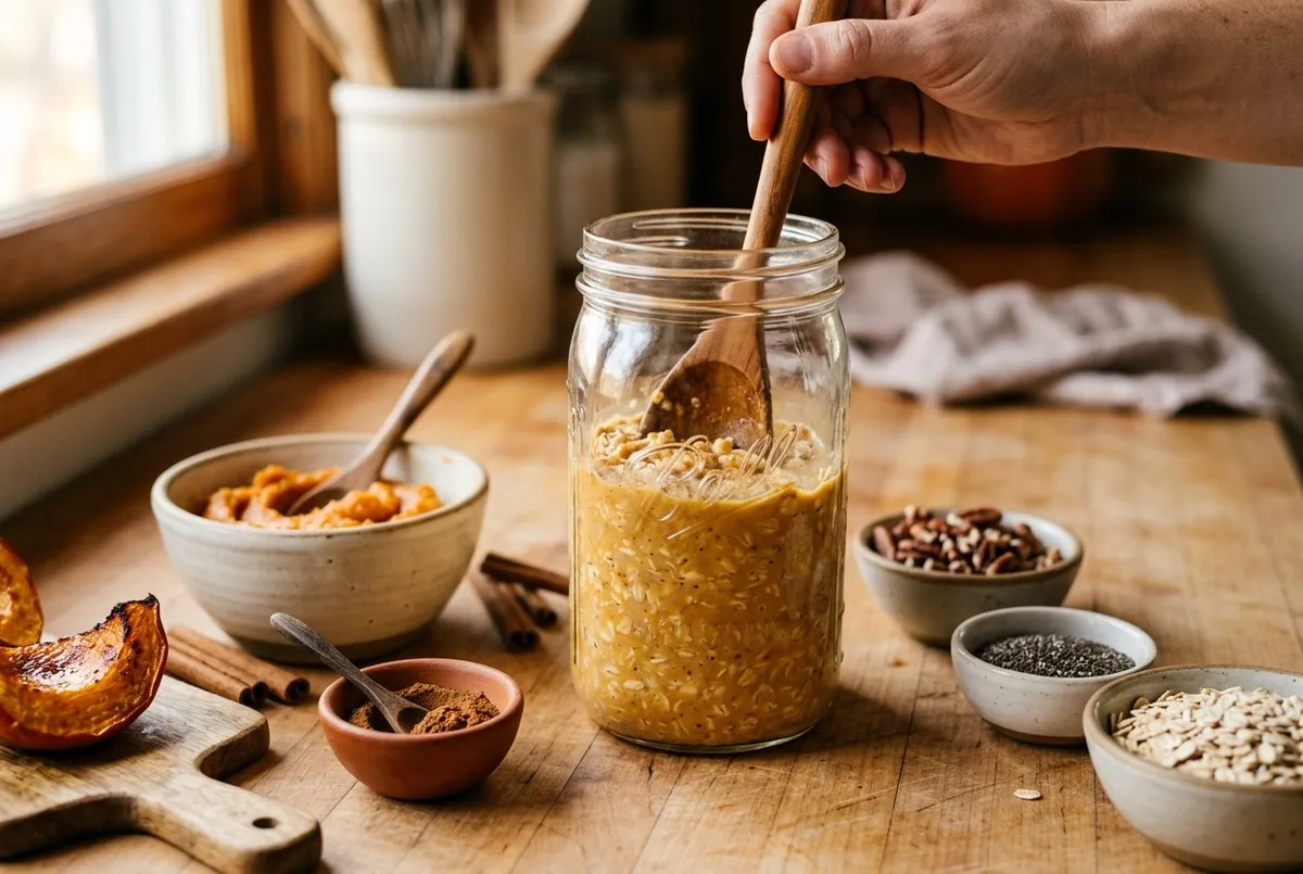 preparing low sugar pumpkin spice overnight oats with unsweetened pumpkin puree and spice blend — The Sugar Swap process photo