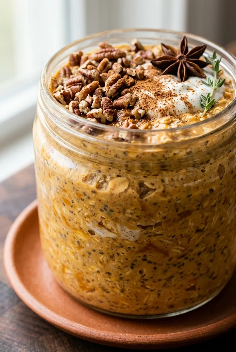 low sugar pumpkin spice overnight oats with pecans and cinnamon — no added sugar recipe by Mel