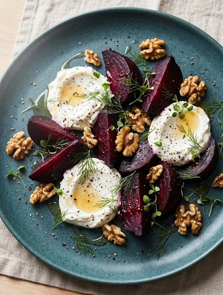 Roasted beets with whipped feta sugar swap — deep purple beet wedges on creamy whipped feta with walnuts and fresh dill