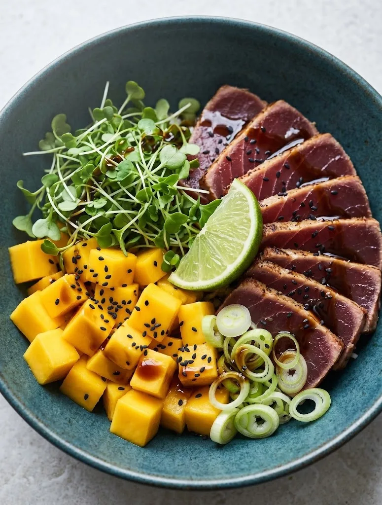 seared sesame tuna with mango salsa sugar swap — sesame tuna with fresh mango salsa, less sugar recipe