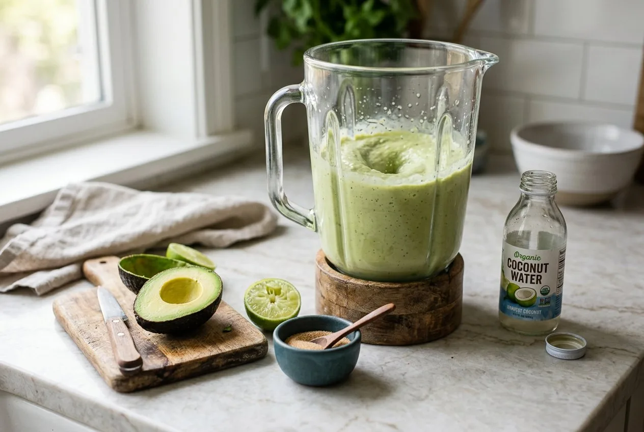 blending avocado lime smoothie with coconut water and monk fruit sweetener — The Sugar Swap process photo