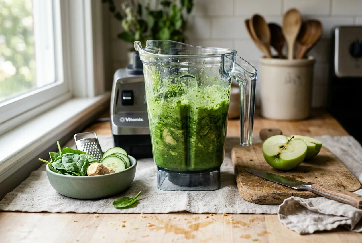 blending low sugar green smoothie with spinach, green apple and cucumber in a Vitamix blender — The Sugar Swap process photo