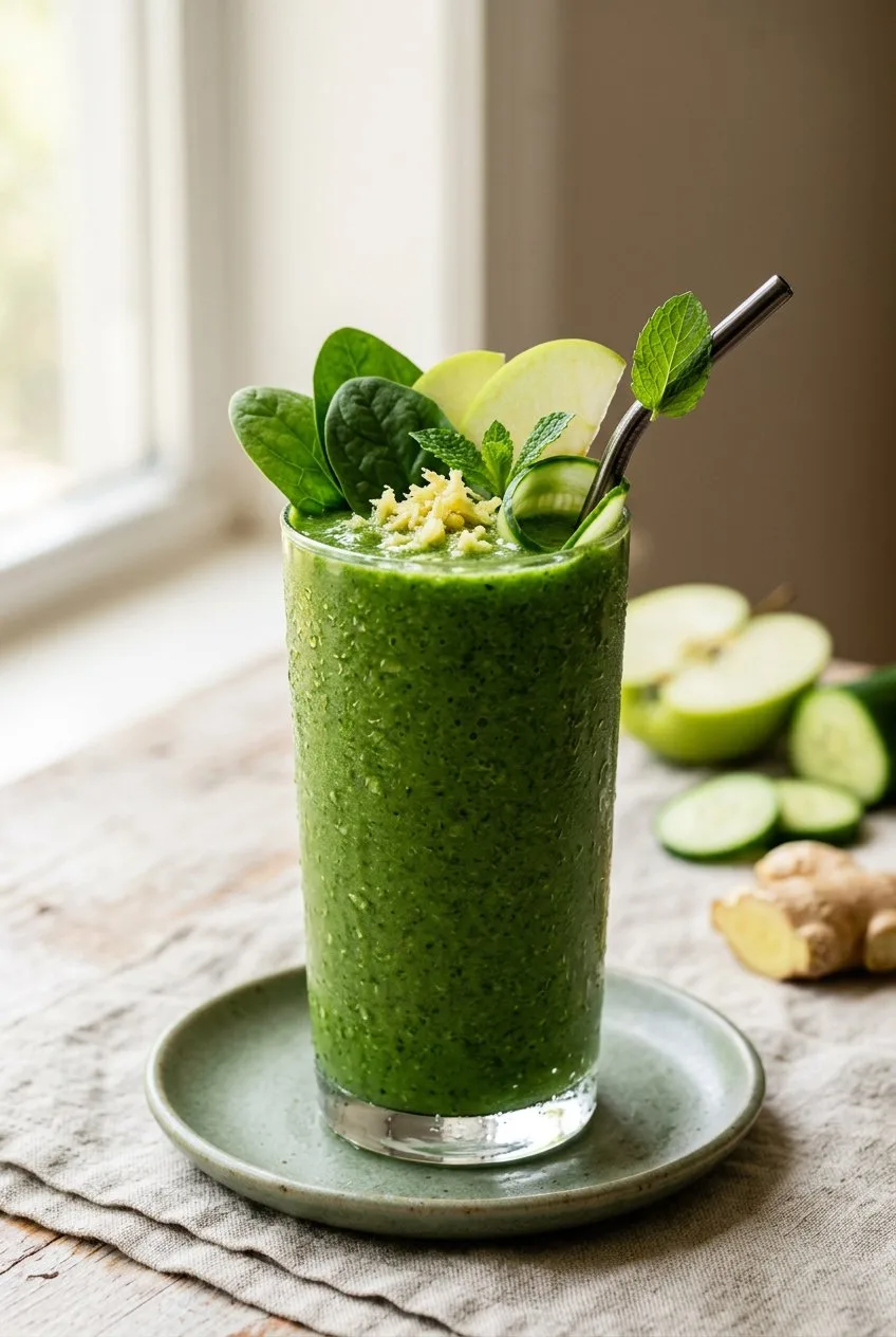 low sugar green smoothie with spinach, green apple, cucumber and ginger — no added sugar recipe by Mel