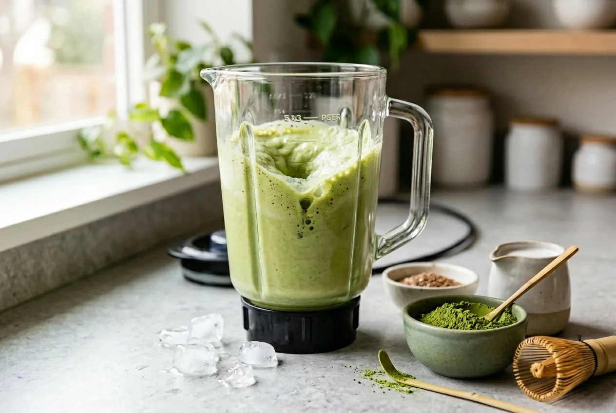 blending matcha coconut smoothie with pure matcha powder, coconut milk and monk fruit sweetener — The Sugar Swap process photo