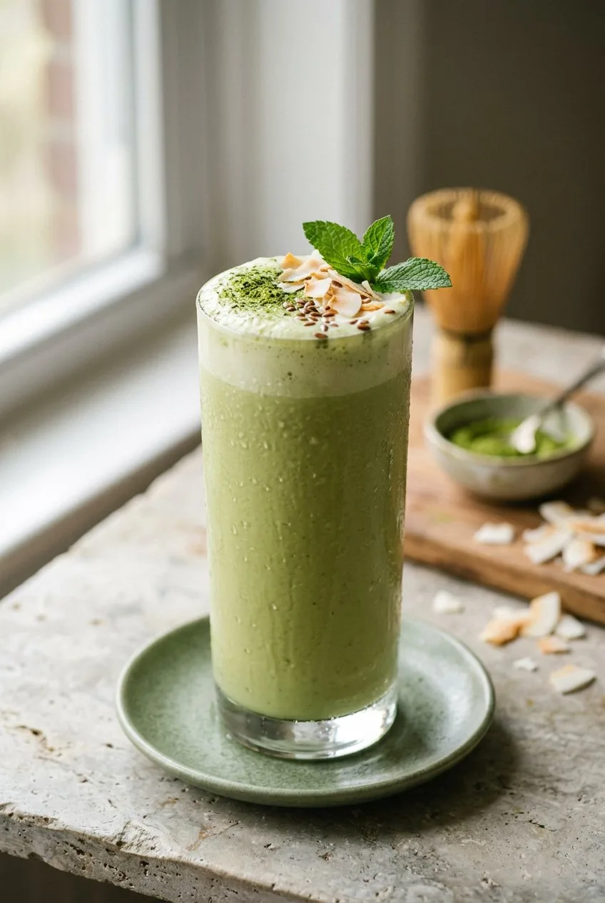 low sugar matcha coconut smoothie with monk fruit sweetener, flax seeds and toasted coconut — no added sugar recipe by Mel