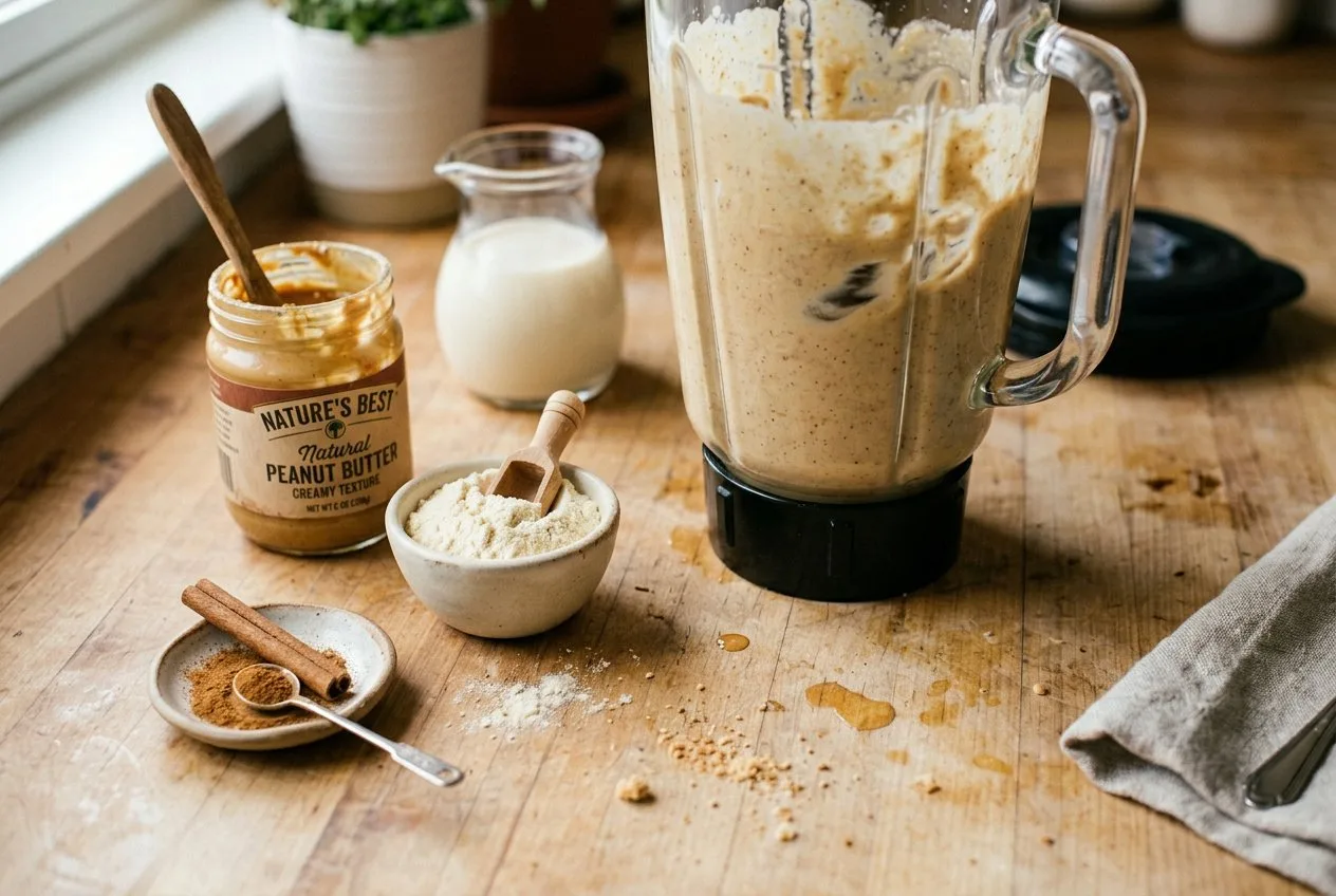 making low sugar peanut butter protein smoothie with natural peanut butter, unsweetened protein powder and cinnamon — The Sugar Swap process photo